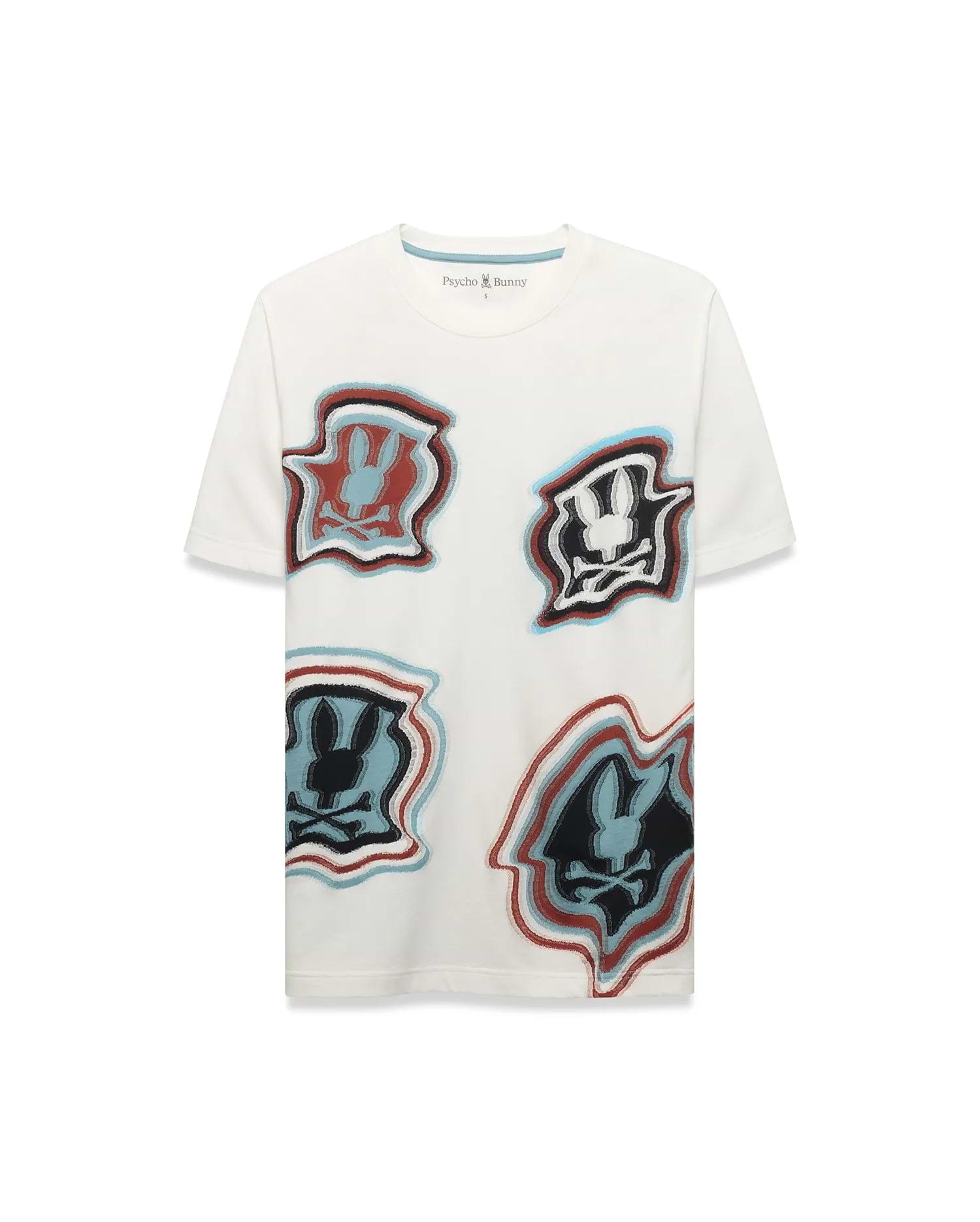 Men's Klaus Jacquard Tee, an ecru classic fit t-shirt featuring four large, distorted red, black, and light blue Psycho Bunny skull jacquard knit graphics on the front. (5)