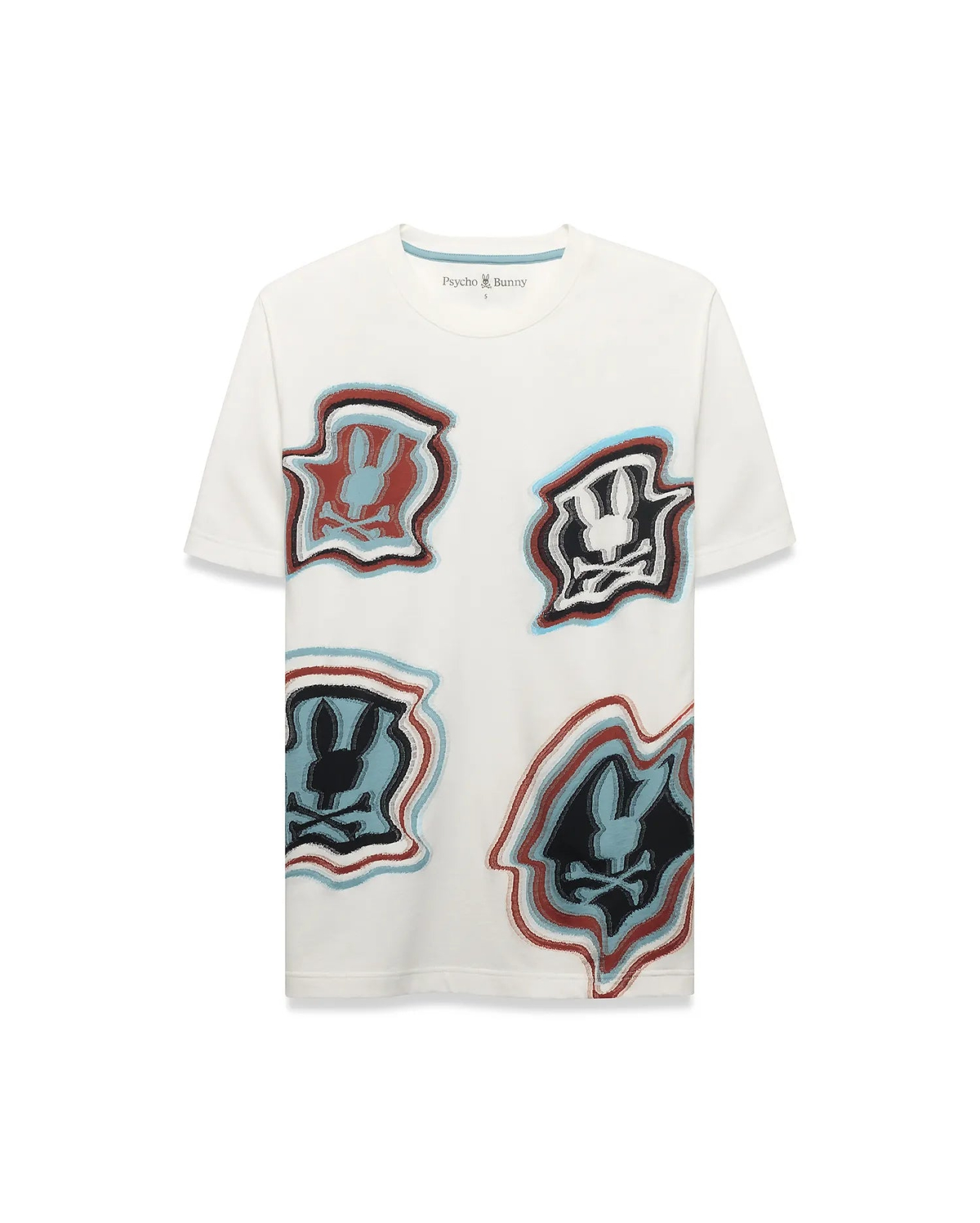Men's Klaus Jacquard Tee, an ecru classic fit t-shirt featuring four large, distorted red, black, and light blue Psycho Bunny skull jacquard knit graphics on the front. (5)