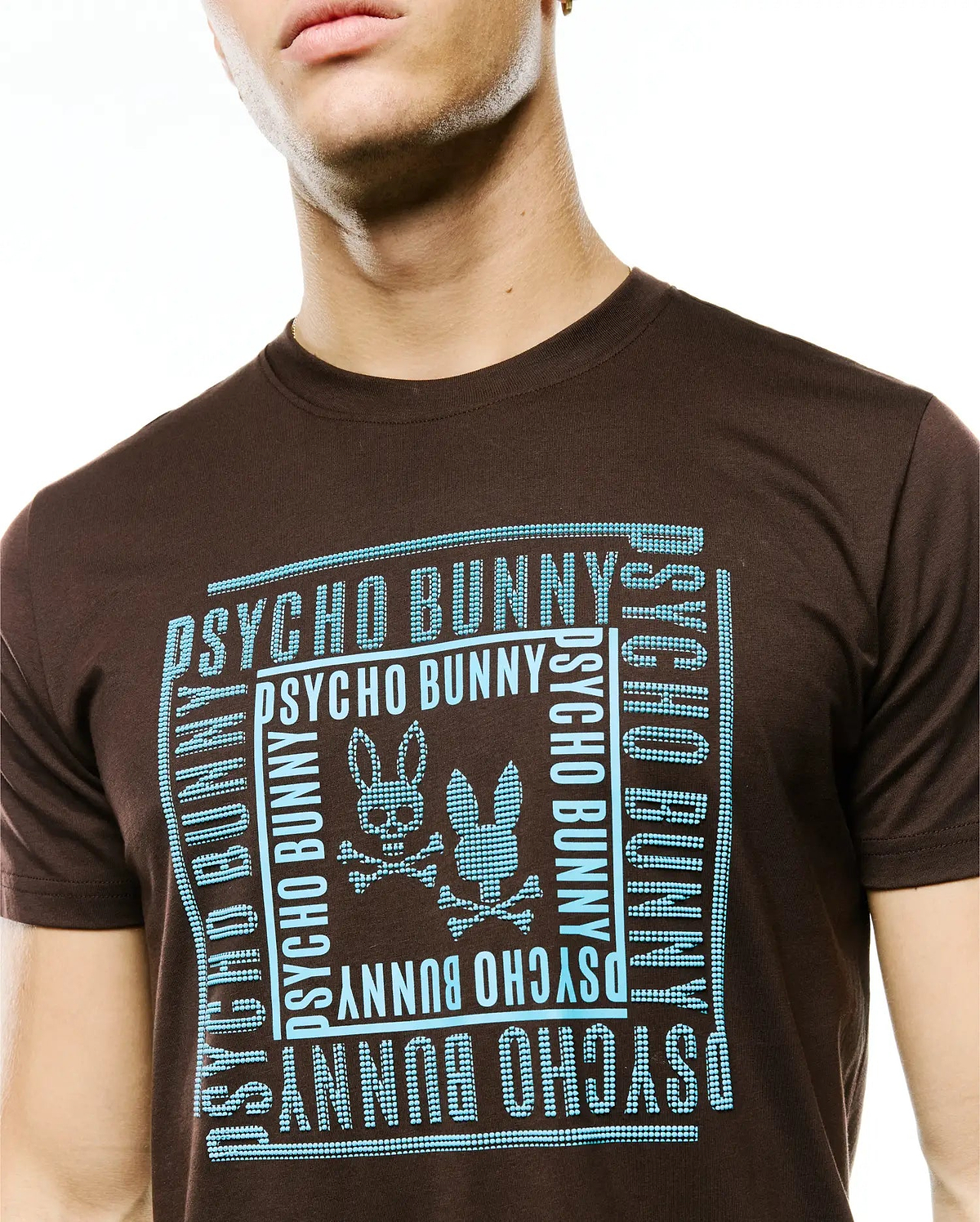 Men's Raj Wordmark Graphic Tee, a classic fit brown jersey t-shirt with a large central light blue dotted graphic featuring the Psycho Bunny wordmark and iconic bunny skull logo. (3)