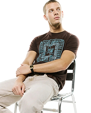 Brown classic fit jersey t-shirt featuring a large light blue Psycho Bunny wordmark and iconic bunny skull graphic print on the chest. Men's Raj Wordmark Graphic Tee. (5)