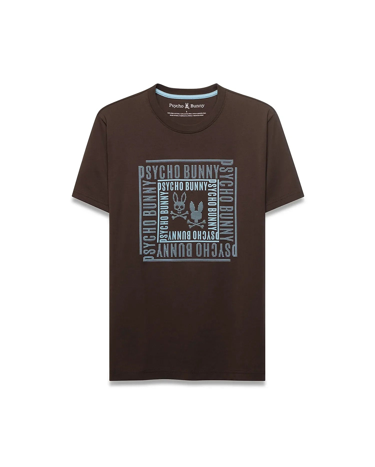Men's Raj Wordmark Graphic Tee: Classic fit dark brown jersey t-shirt featuring a large, light blue dotted square chest graphic with repeated Psycho Bunny wordmark and iconic bunny skull logo. (1)