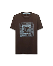 Men's Raj Wordmark Graphic Tee: Classic fit dark brown jersey t-shirt featuring a large, light blue dotted square chest graphic with repeated Psycho Bunny wordmark and iconic bunny skull logo. (1)