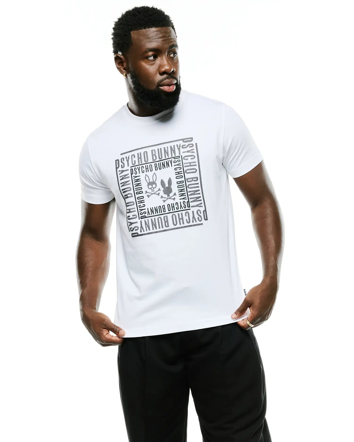 Men's Raj Wordmark Graphic Tee, a white classic fit jersey t-shirt featuring a large black central graphic print with the Psycho Bunny wordmark and iconic bunny skull logo in a dotted texture. (3)