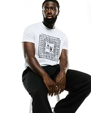 Men's Raj Wordmark Graphic Tee, a white classic fit jersey t-shirt featuring a large black chest graphic with repeated dotted Psycho Bunny wordmark framing the iconic bunny skull logo. (5)