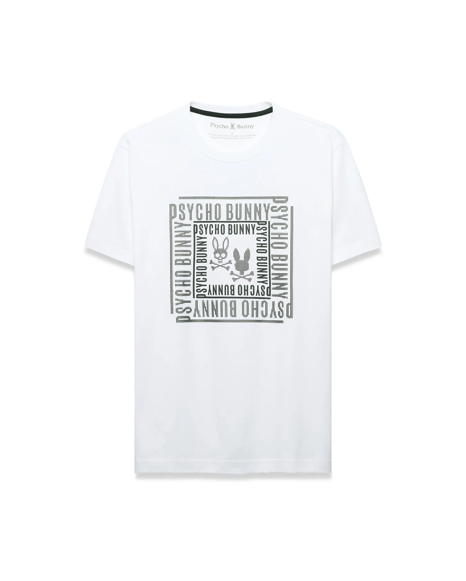 Men's Raj Wordmark Graphic Tee, a classic fit white jersey t-shirt with a large central dark grey dotted graphic featuring the repeated Psycho Bunny wordmark and iconic bunny skull logo in a square design. (2)
