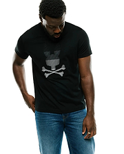 Men's Slade Bunny Graphic Tee, a classic fit black jersey t-shirt featuring a large white striped Psycho Bunny skull logo prominently on the center chest. (2)