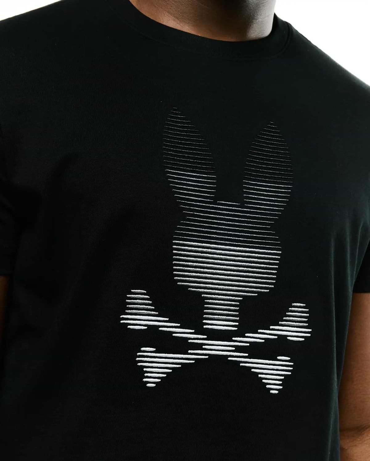 Men's Slade Bunny Graphic Tee, a black classic fit jersey knit t-shirt with a large white Psycho Bunny skull logo graphic on the chest, detailed with horizontal lines. (3)