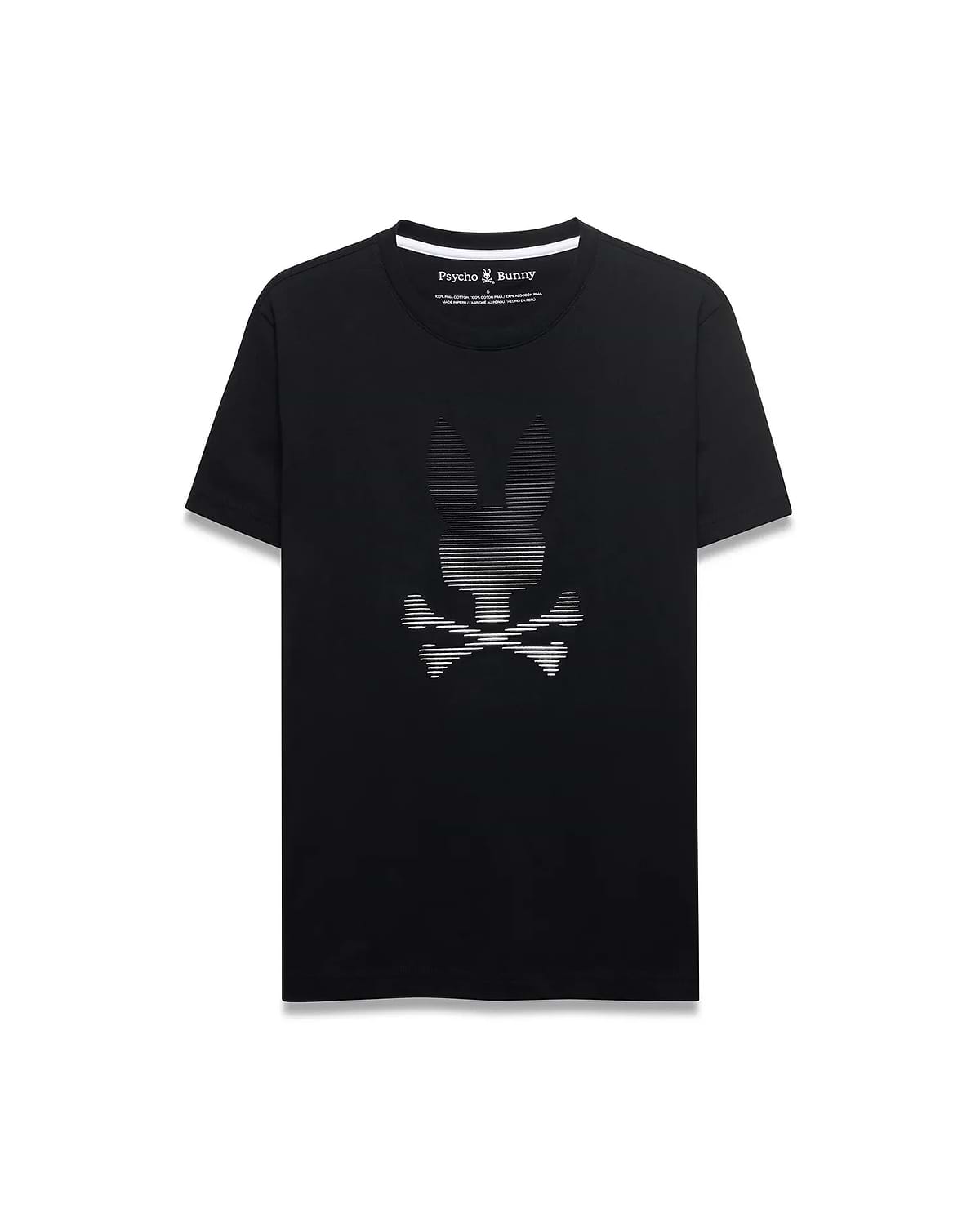 Black classic fit jersey T-shirt featuring a large, central, white striped Psycho Bunny skull graphic on the chest and a white inner collar trim. Men's Slade Bunny Graphic Tee. (1)