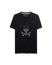 Black classic fit jersey T-shirt featuring a large, central, white striped Psycho Bunny skull graphic on the chest and a white inner collar trim. Men's Slade Bunny Graphic Tee. (1)