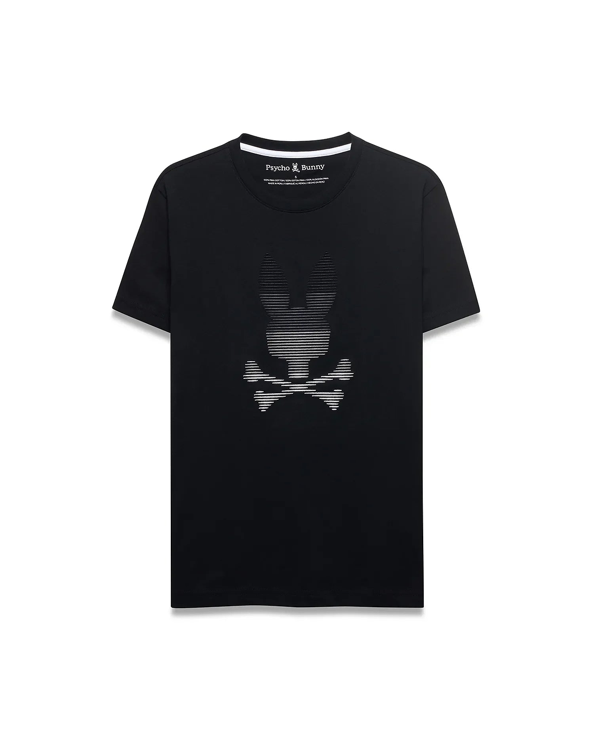 Black classic fit jersey T-shirt featuring a large, central, white striped Psycho Bunny skull graphic on the chest and a white inner collar trim. Men's Slade Bunny Graphic Tee. (1)