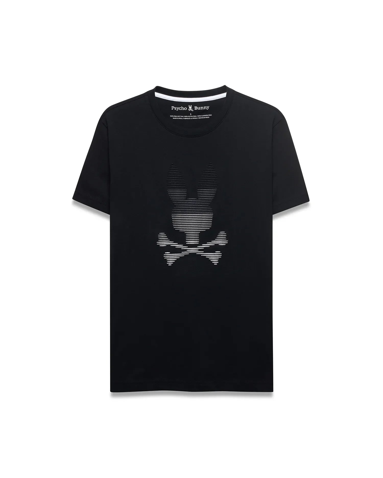 Black classic fit jersey T-shirt featuring a large, central, white striped Psycho Bunny skull graphic on the chest and a white inner collar trim. Men's Slade Bunny Graphic Tee. (1)