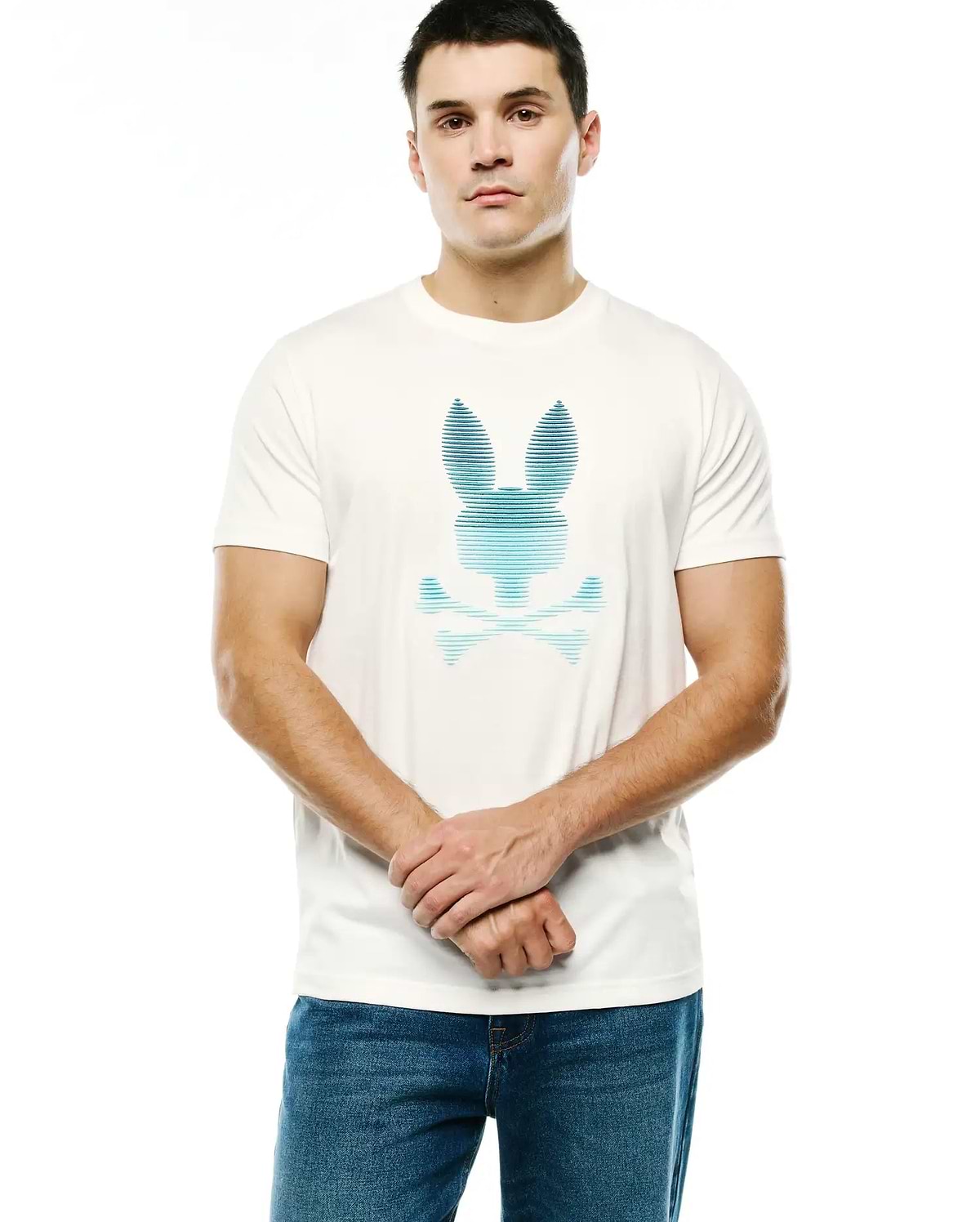 Men's Slade Bunny Graphic Tee, a cream classic fit jersey t-shirt featuring a large center chest Psycho Bunny skull logo in a blue horizontal stripe gradient design. (2)