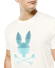 Men's Slade Bunny Graphic Tee, a classic fit cream jersey t-shirt featuring a large central Psycho Bunny skull logo graphic formed by horizontal teal and blue gradient lines. (3)