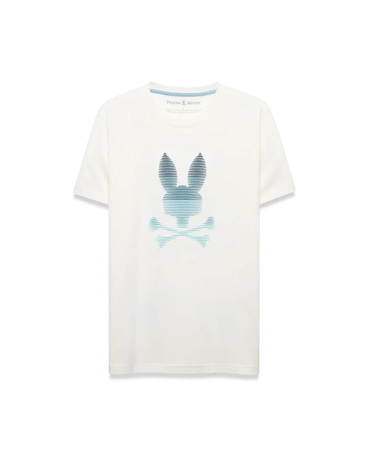 Men's Slade Bunny Graphic Tee, an ecru classic fit jersey t-shirt with a large, center chest blue and teal gradient striped Psycho Bunny skull logo. (1)