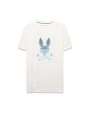 Men's Slade Bunny Graphic Tee, an ecru classic fit jersey t-shirt with a large, center chest blue and teal gradient striped Psycho Bunny skull logo. (1)
