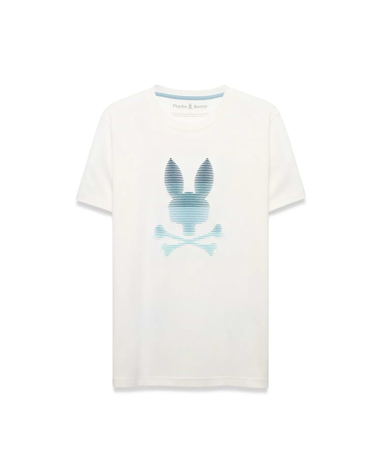 Men's Slade Bunny Graphic Tee, an ecru classic fit jersey t-shirt with a large, center chest blue and teal gradient striped Psycho Bunny skull logo. (1)