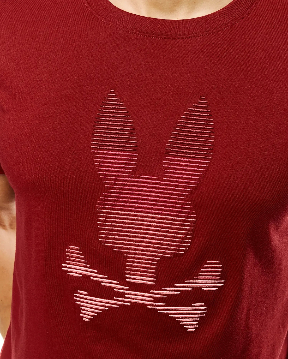 Men's Slade Bunny Graphic Tee, a classic fit deep red jersey t-shirt featuring a large, central striped Psycho Bunny skull logo in a lighter red. (3)