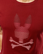 Men's Slade Bunny Graphic Tee, a classic fit deep red jersey t-shirt featuring a large, central striped Psycho Bunny skull logo in a lighter red. (3)