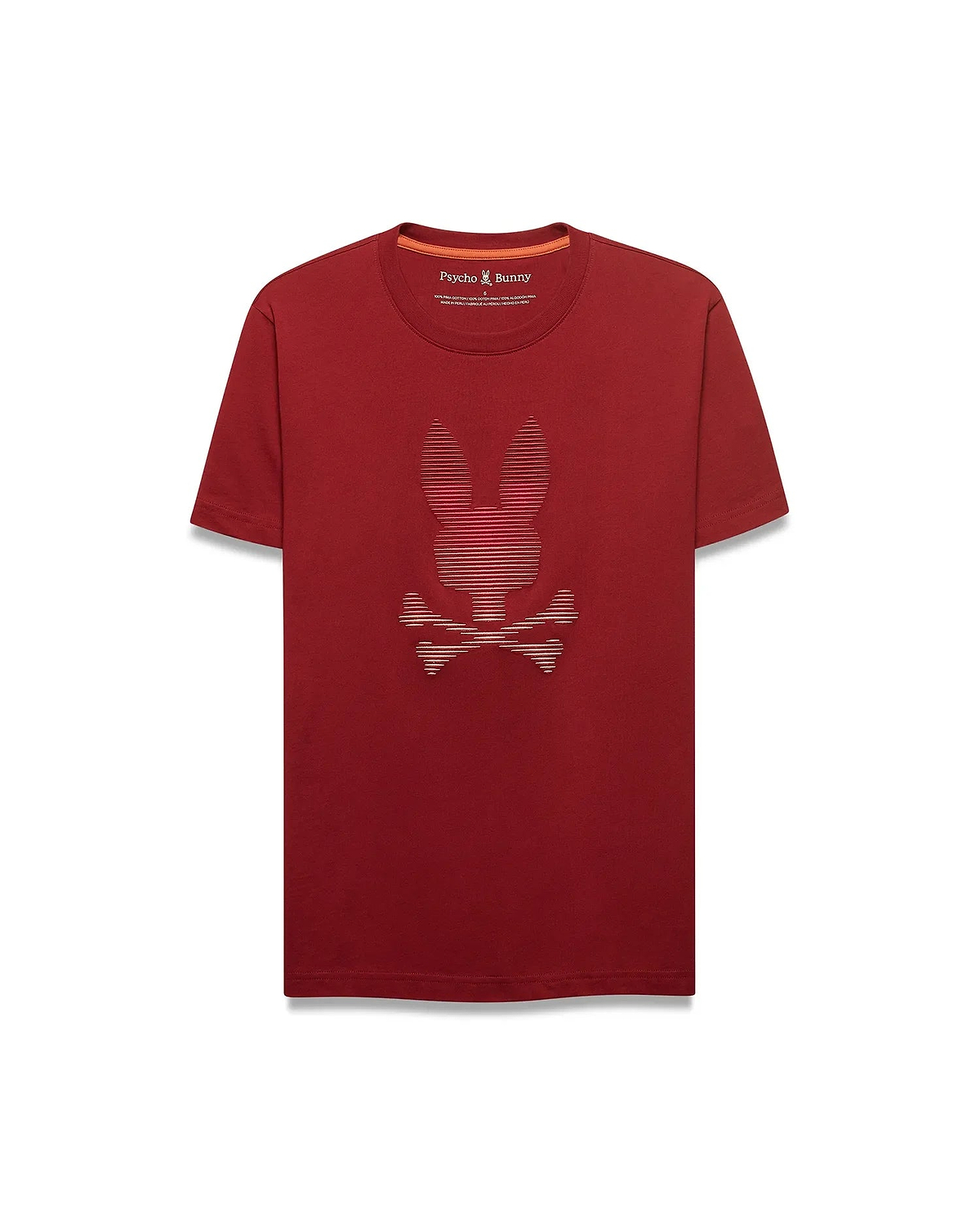 Men's Slade Bunny Graphic Tee. Deep red classic fit jersey t-shirt featuring a large central striped Psycho Bunny skull graphic in lighter red tones and orange neck tape. (1)
