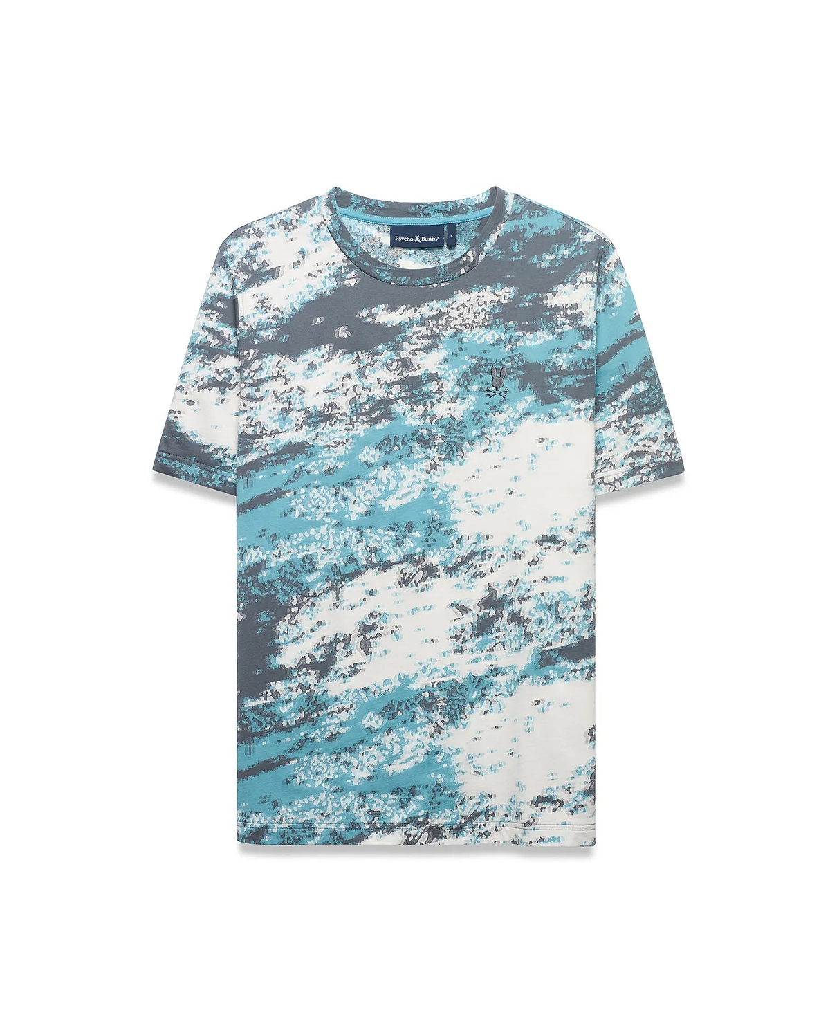 Men's Alfie All-Over Jacquard Tee, a classic fit white jersey t-shirt with an abstract grey and teal jacquard pattern, featuring a small embroidered Psycho Bunny skull logo on the left chest. (5)