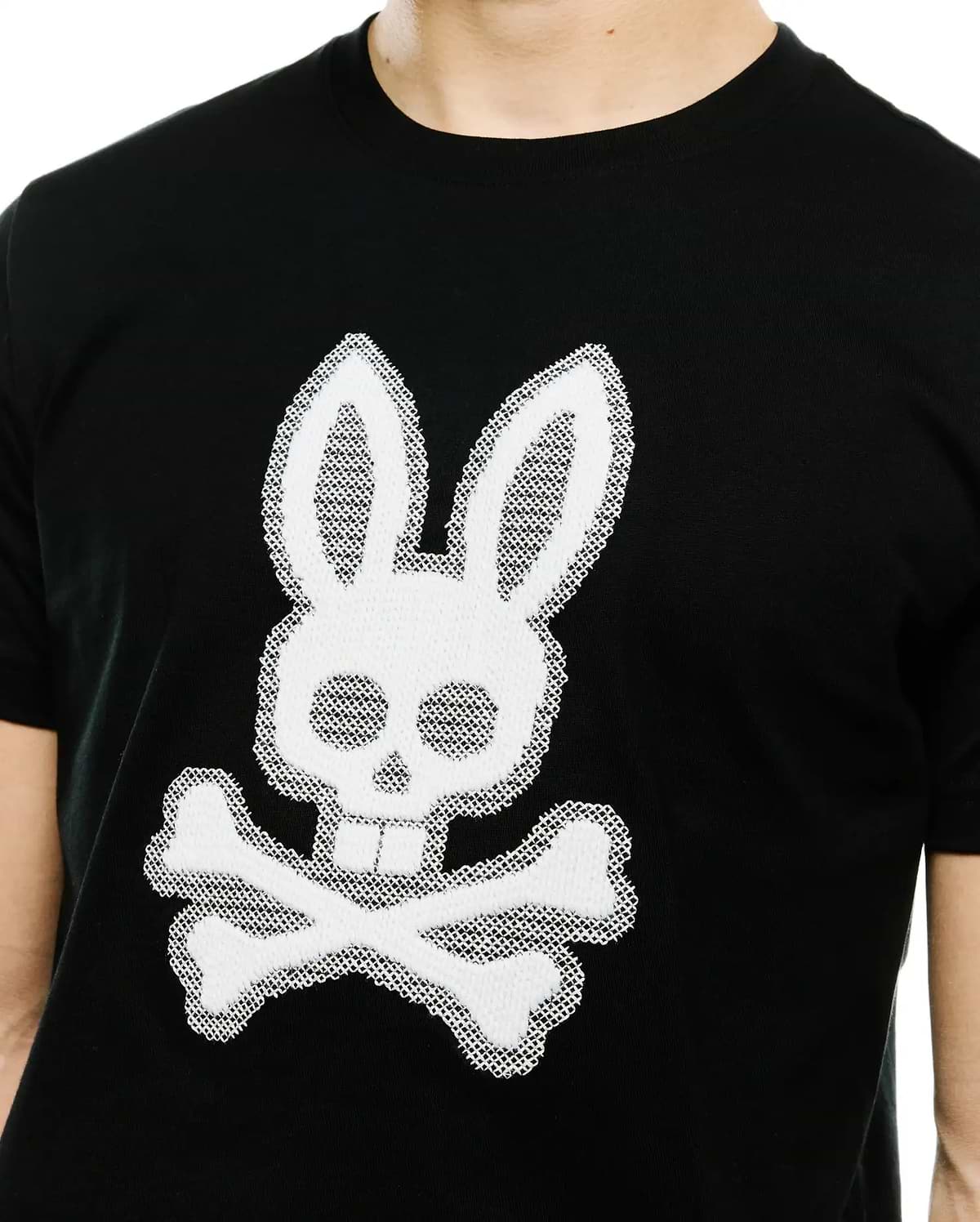 Men's Samson Graphic Tee, black classic fit jersey knit t-shirt featuring a large, textured white embroidered Psycho Bunny skull and crossbones logo centrally on the chest. (3)