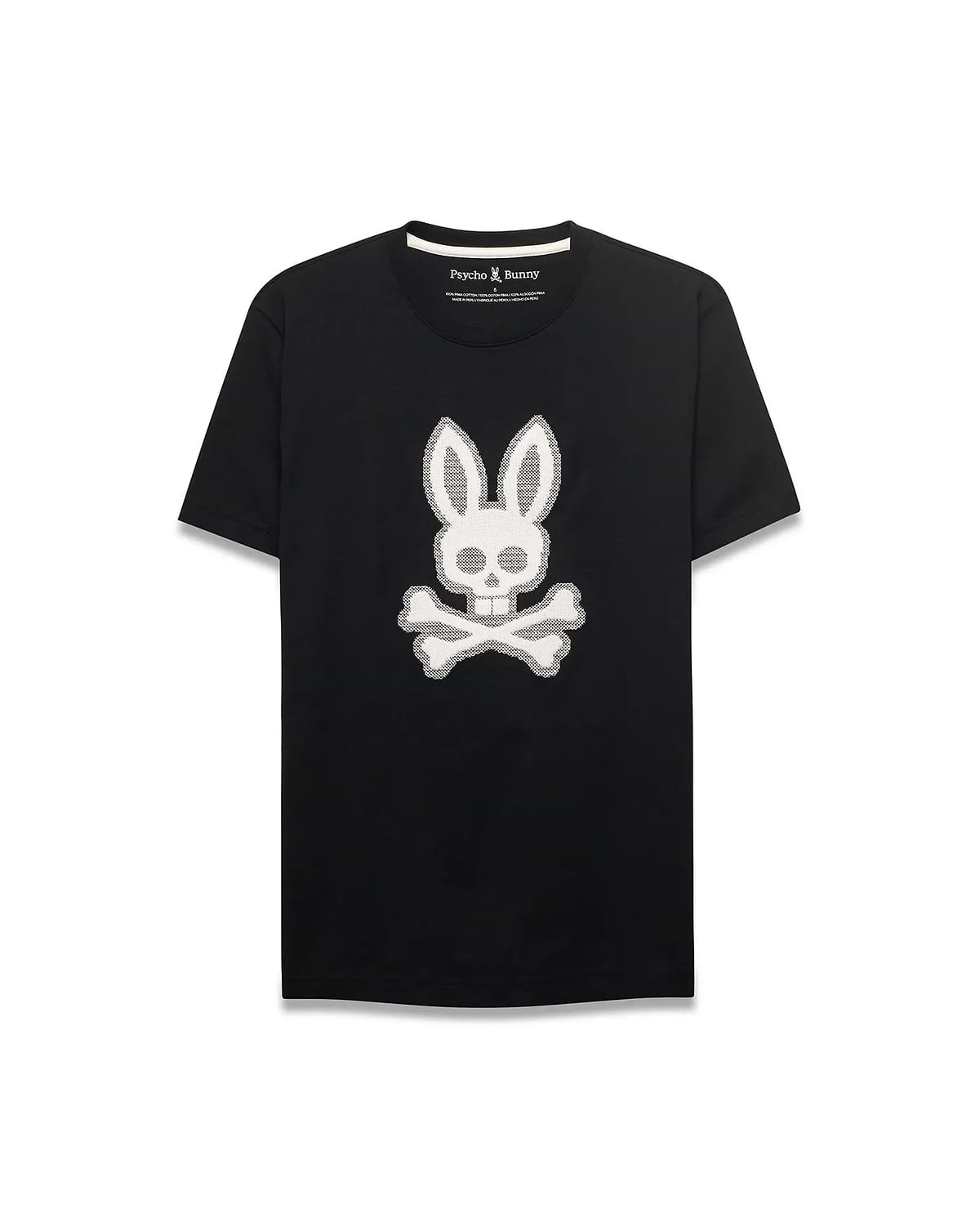 Men's Samson Graphic Tee, a black classic fit jersey t-shirt featuring a prominent white textured Psycho Bunny skull and crossbones graphic on the center chest. (1)