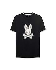 Men's Samson Graphic Tee, a black classic fit jersey t-shirt featuring a prominent white textured Psycho Bunny skull and crossbones graphic on the center chest. (1)
