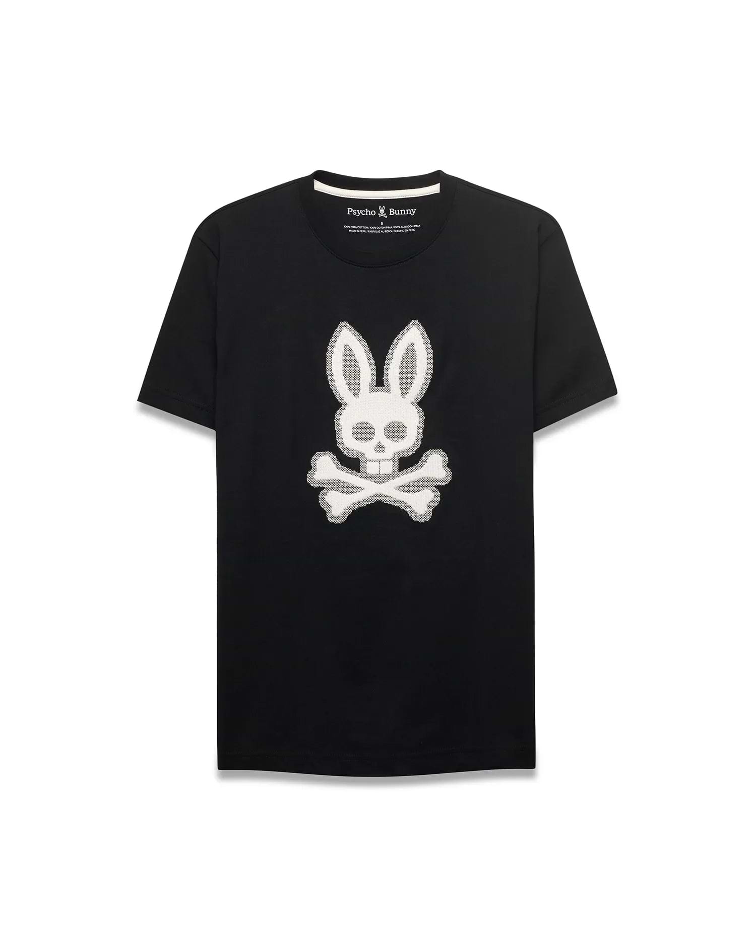 Men's Samson Graphic Tee, a black classic fit jersey t-shirt featuring a prominent white textured Psycho Bunny skull and crossbones graphic on the center chest. (1)