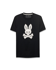 Men's Samson Graphic Tee, a black classic fit jersey t-shirt featuring a prominent white textured Psycho Bunny skull and crossbones graphic on the center chest. (1)