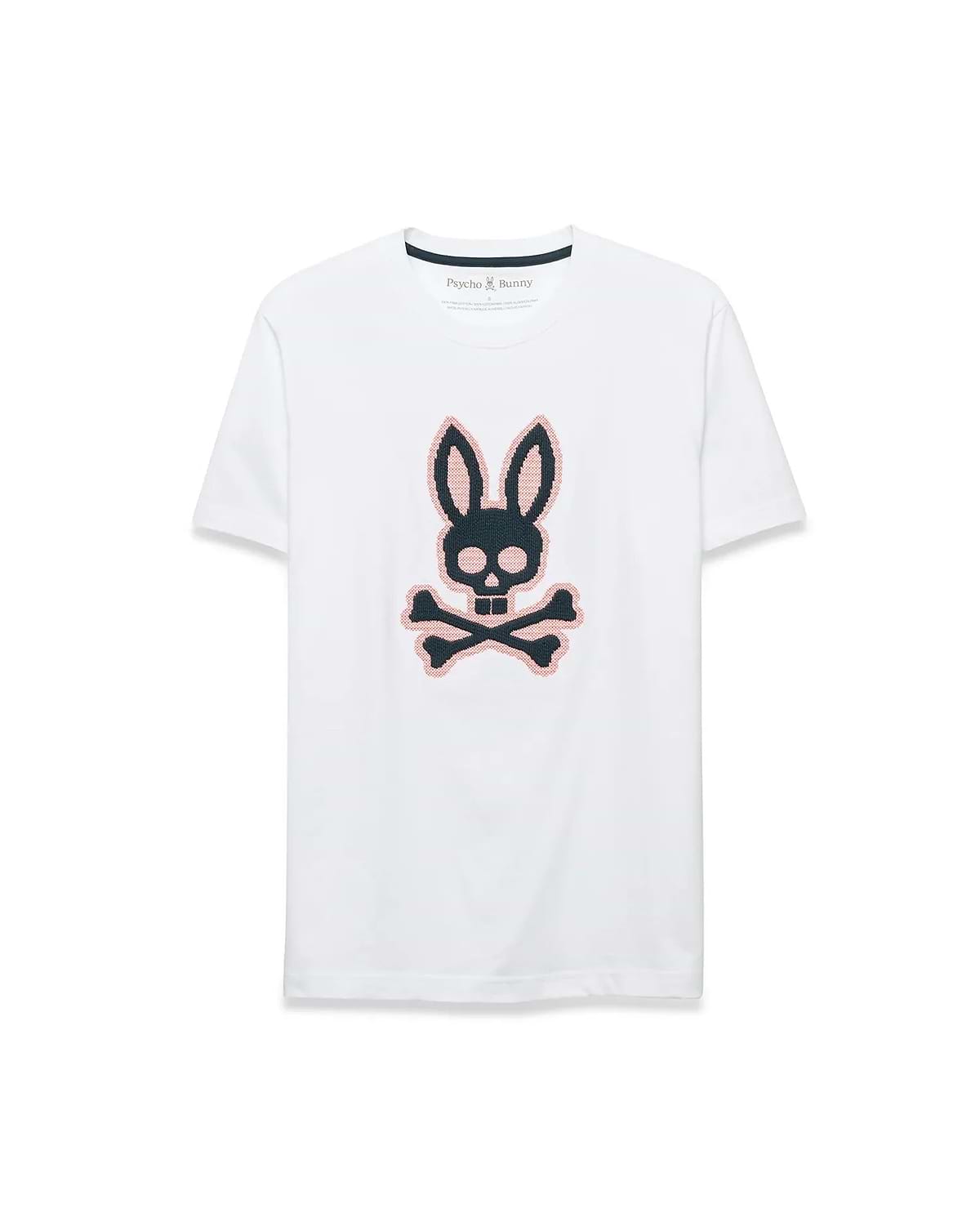 Men's Samson Graphic Tee, a white classic fit jersey t-shirt featuring a large, center chest black and pink cross-stitch Psycho Bunny skull and crossbones logo. (1)