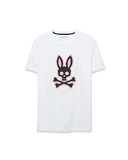 Men's Samson Graphic Tee, a white classic fit jersey t-shirt featuring a large, center chest black and pink cross-stitch Psycho Bunny skull and crossbones logo. (1)
