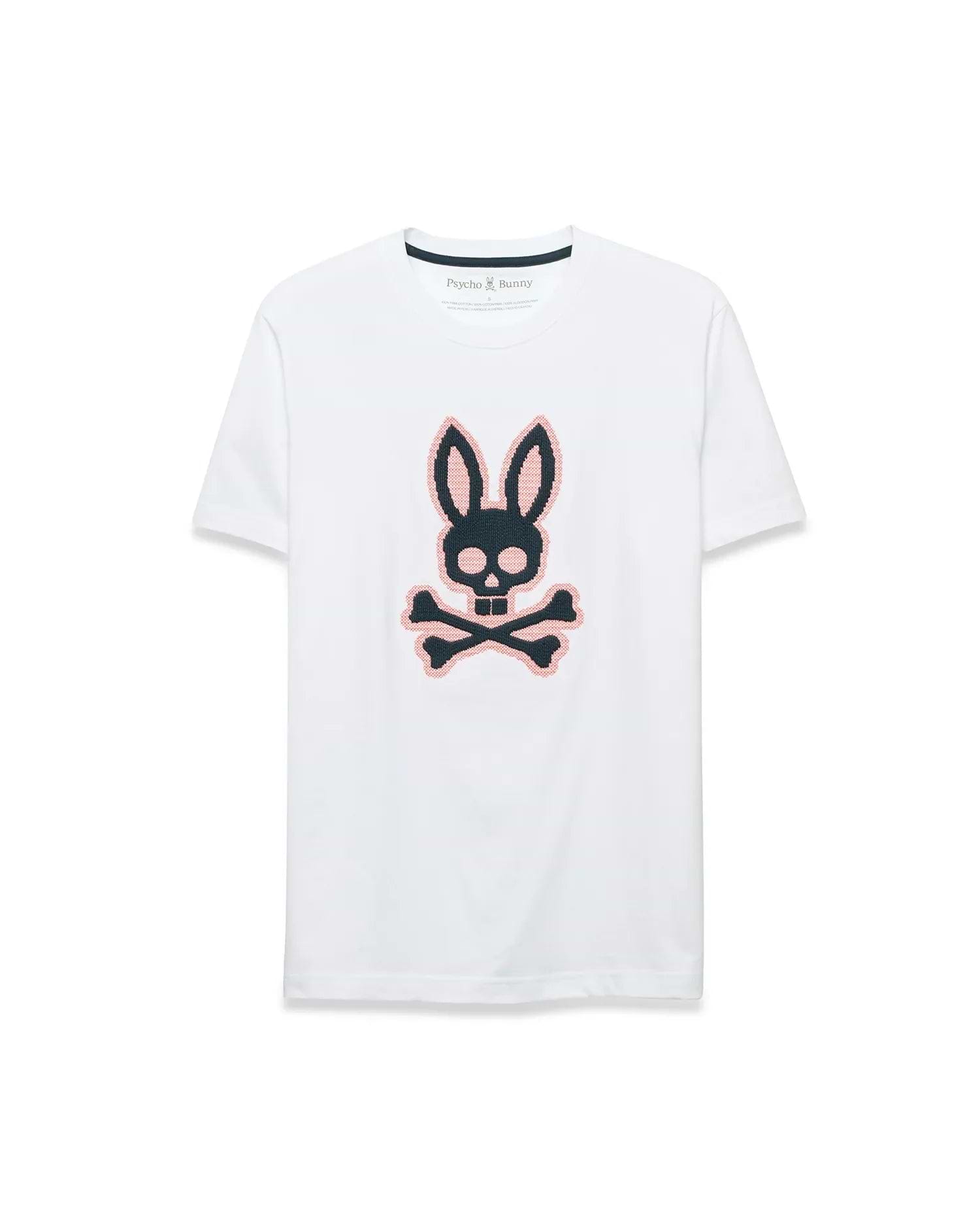 Men's Samson Graphic Tee, a white classic fit jersey t-shirt featuring a large, center chest black and pink cross-stitch Psycho Bunny skull and crossbones logo. (1)