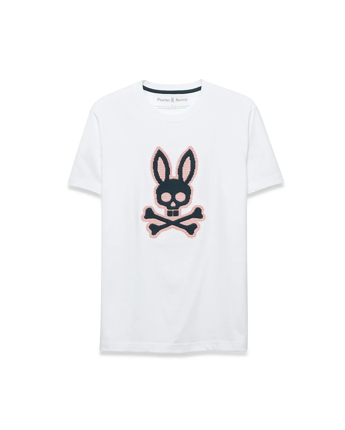Men's Samson Graphic Tee, a white classic fit jersey t-shirt featuring a large, center chest black and pink cross-stitch Psycho Bunny skull and crossbones logo. (1)