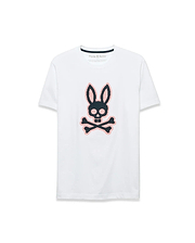 Men's Samson Graphic Tee, a white classic fit jersey t-shirt featuring a large, center chest black and pink cross-stitch Psycho Bunny skull and crossbones logo. (1)