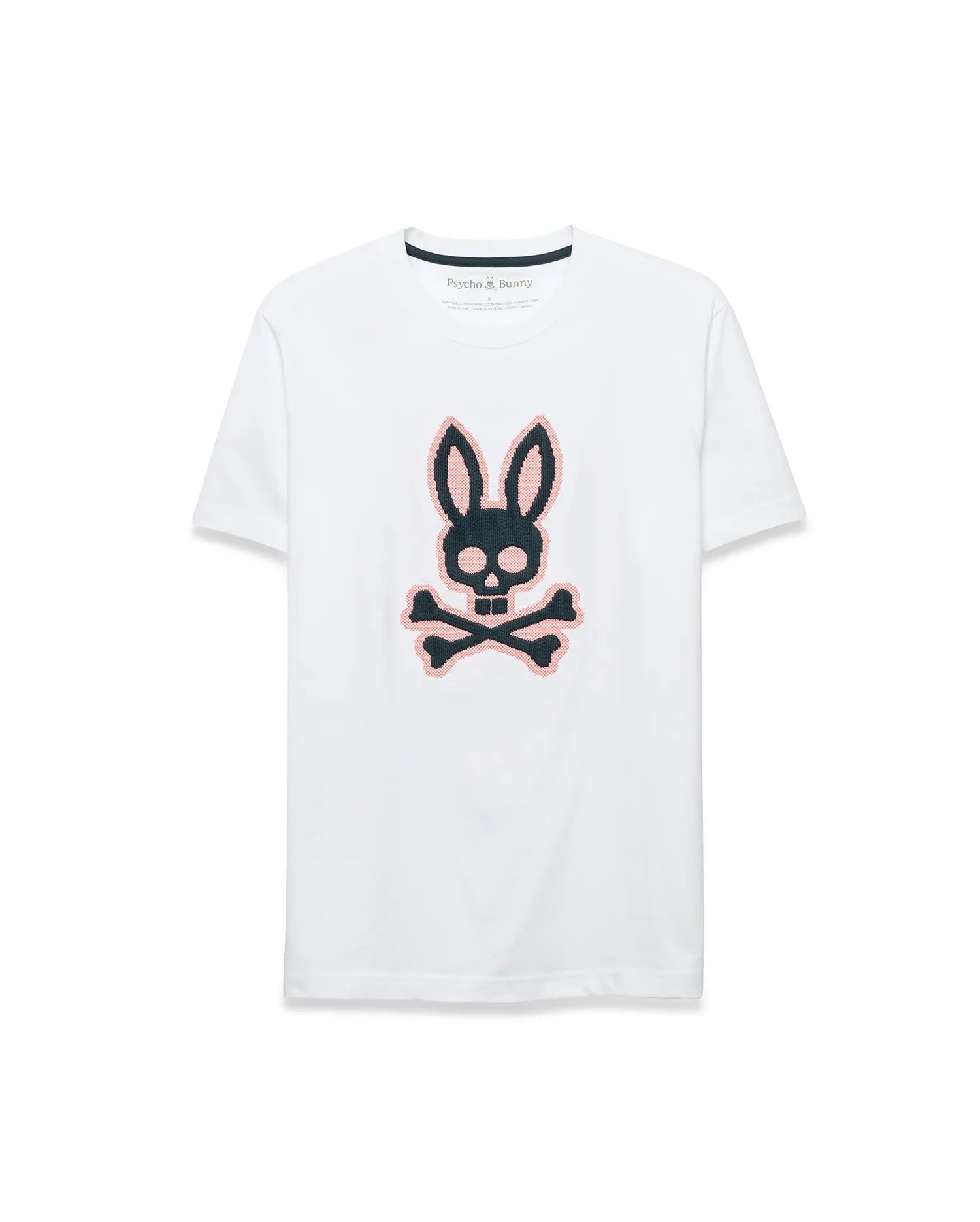 Men's Samson Graphic Tee, a white classic fit jersey t-shirt featuring a large, center chest black and pink cross-stitch Psycho Bunny skull and crossbones logo. (1)