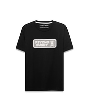 Men's Samson Wordmark Graphic Tee. Black classic fit jersey t-shirt with a large, centered white and silver embroidered Psycho Bunny wordmark graphic featuring the iconic bunny skull logo. (1)