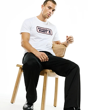 Men's Samson Wordmark Graphic Tee, a white classic fit jersey t-shirt featuring a prominent pink rectangular chest graphic with the black Psycho Bunny wordmark and skull logo. (2)