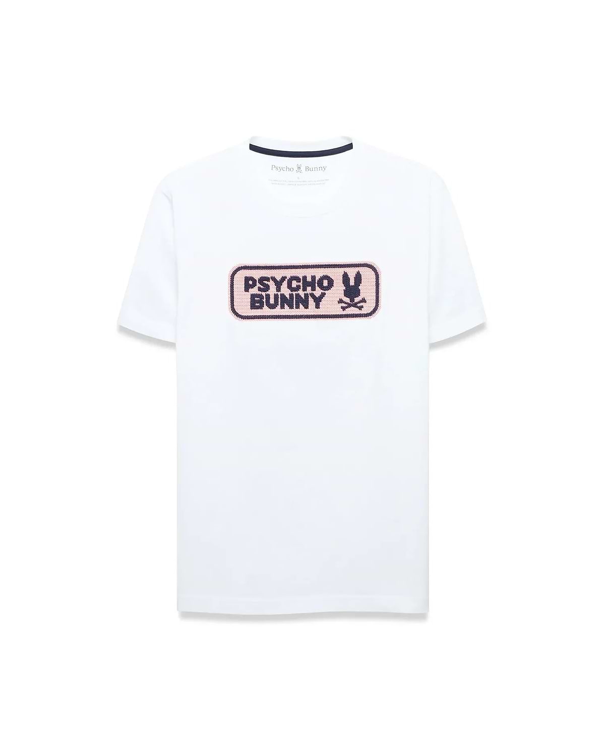 White classic fit jersey t-shirt with a large center chest textured graphic featuring a pink background, dark blue Psycho Bunny wordmark, and iconic bunny skull logo. Men's Samson Wordmark Graphic Tee. (1)