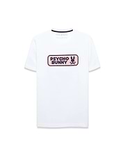 White classic fit jersey t-shirt with a large center chest textured graphic featuring a pink background, dark blue Psycho Bunny wordmark, and iconic bunny skull logo. Men's Samson Wordmark Graphic Tee. (1)