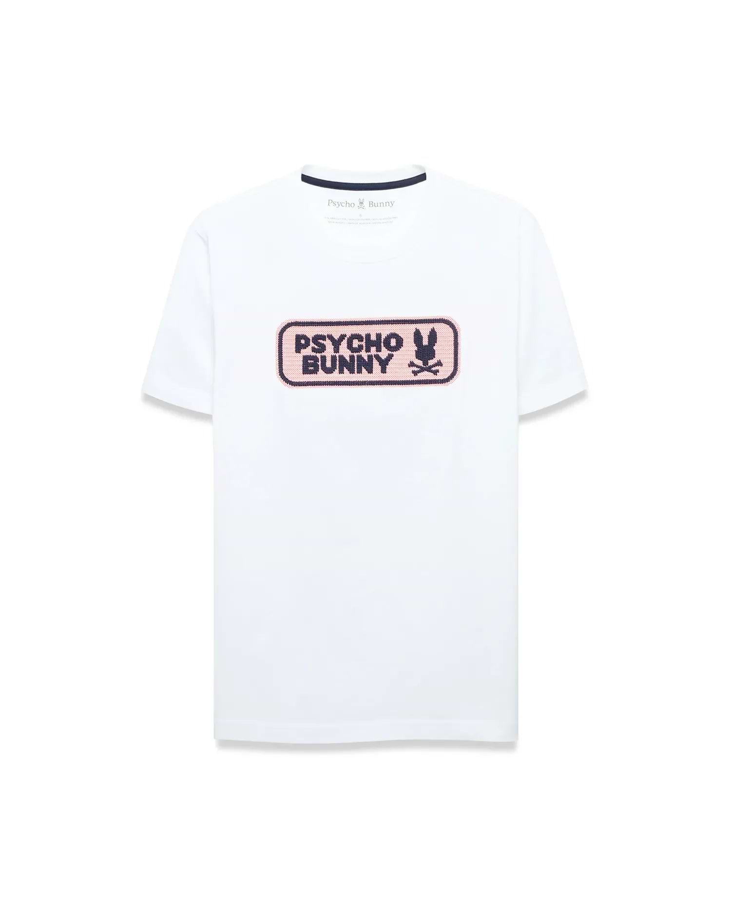 White classic fit jersey t-shirt with a large center chest textured graphic featuring a pink background, dark blue Psycho Bunny wordmark, and iconic bunny skull logo. Men's Samson Wordmark Graphic Tee. (1)