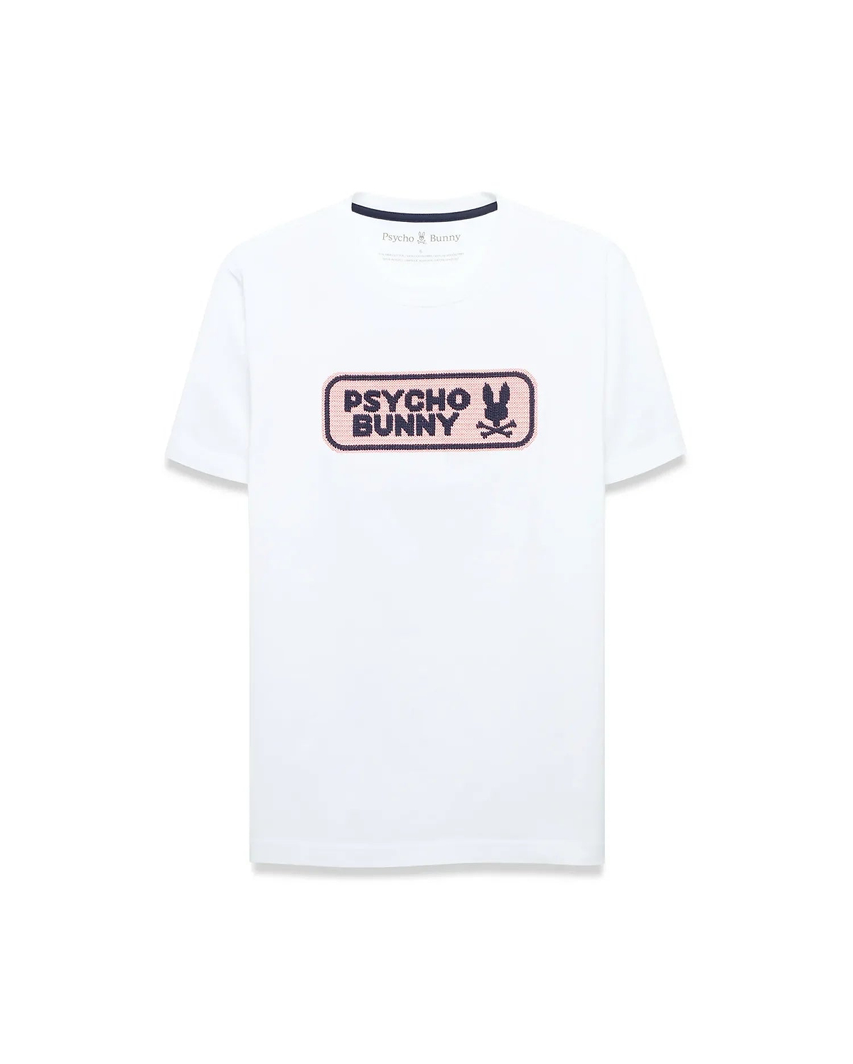 White classic fit jersey t-shirt with a large center chest textured graphic featuring a pink background, dark blue Psycho Bunny wordmark, and iconic bunny skull logo. Men's Samson Wordmark Graphic Tee. (1)