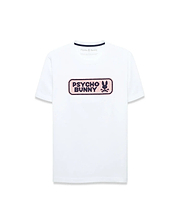 White classic fit jersey t-shirt with a large center chest textured graphic featuring a pink background, dark blue Psycho Bunny wordmark, and iconic bunny skull logo. Men's Samson Wordmark Graphic Tee. (1)
