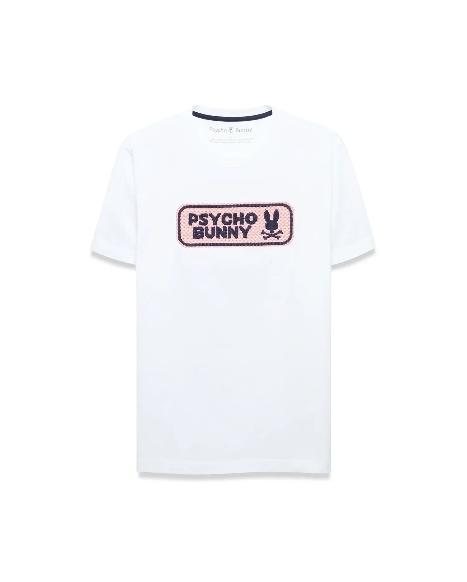 White classic fit jersey t-shirt with a large center chest textured graphic featuring a pink background, dark blue Psycho Bunny wordmark, and iconic bunny skull logo. Men's Samson Wordmark Graphic Tee. (1)