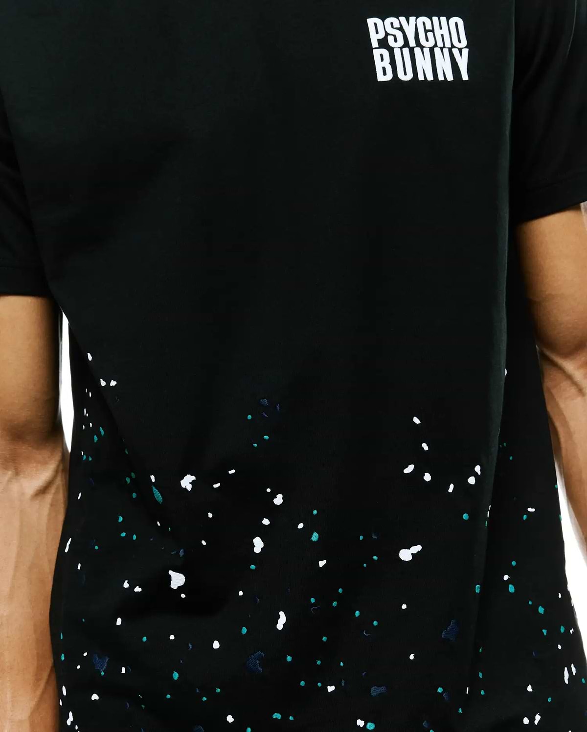 Mens Malcolm Graphic Tee, classic fit black jersey t-shirt featuring a white Psycho Bunny text logo on the upper chest and a vibrant white, teal, and navy splatter graphic.
