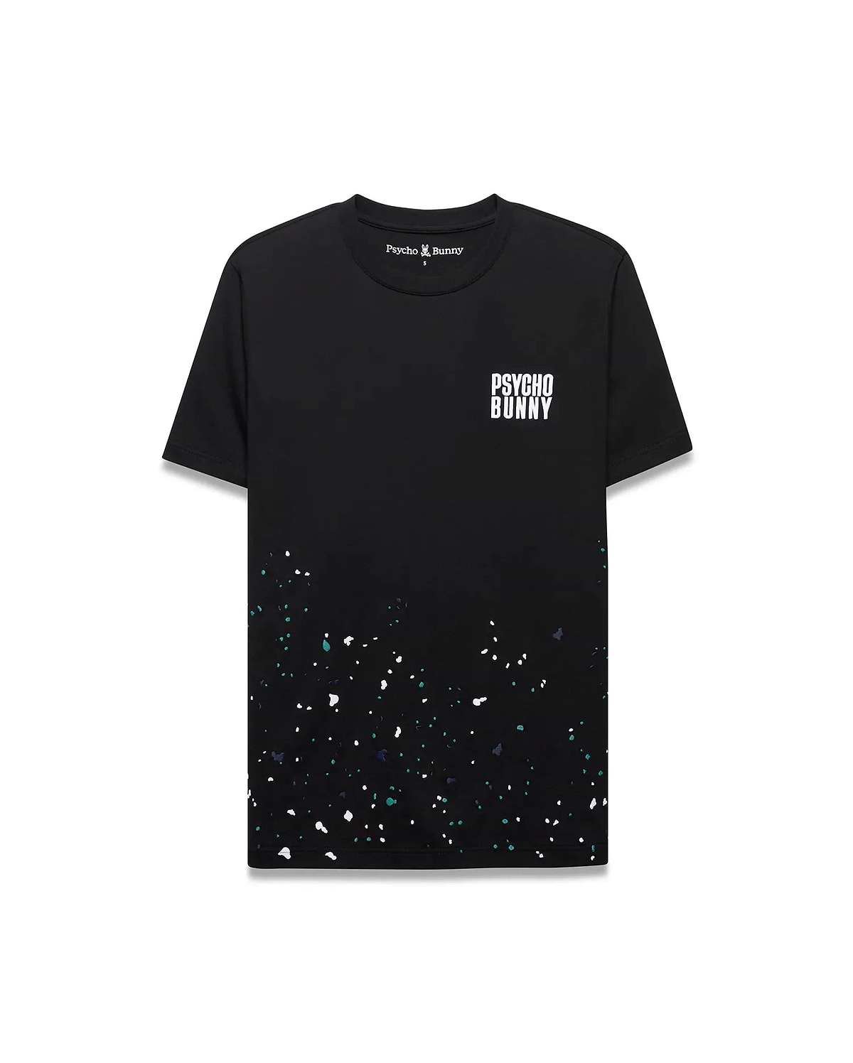 Mens Malcolm Graphic Tee, black classic fit jersey knit with white Psycho Bunny text on left chest, small embroidered bunny skull, and a vibrant white, teal, dark blue paint splatter graphic on the lower half.