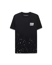 Mens Malcolm Graphic Tee, black classic fit jersey knit with white Psycho Bunny text on left chest, small embroidered bunny skull, and a vibrant white, teal, dark blue paint splatter graphic on the lower half.