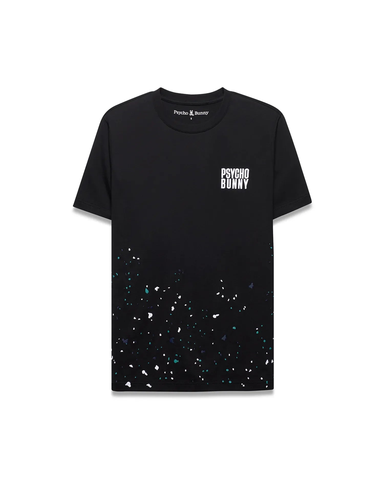 Mens Malcolm Graphic Tee, black classic fit jersey knit with white Psycho Bunny text on left chest, small embroidered bunny skull, and a vibrant white, teal, dark blue paint splatter graphic on the lower half.