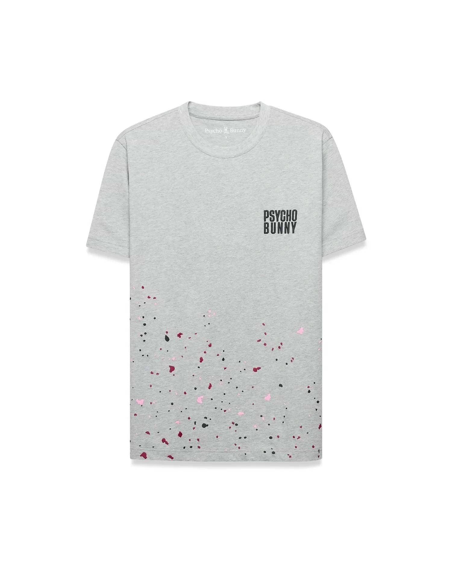 Mens Malcolm Graphic Tee, a grey jersey t-shirt with a classic fit, featuring a pink, black, and red splatter print on the lower half and a black Psycho Bunny text logo on the right chest. (1)