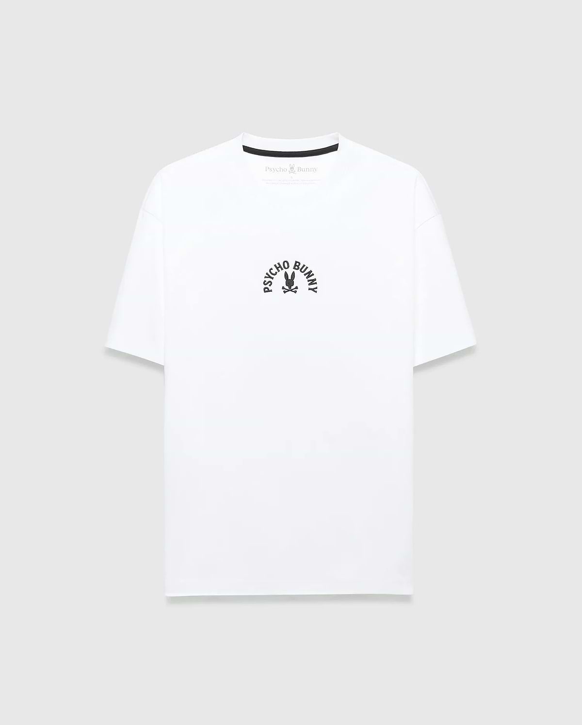White Mens Stevie Relaxed Fit Tee, crafted from soft jersey fabric, showcasing a small, central chest black arched Psycho Bunny text and iconic skull logo.