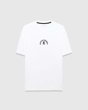 White Mens Stevie Relaxed Fit Tee, crafted from soft jersey fabric, showcasing a small, central chest black arched Psycho Bunny text and iconic skull logo.